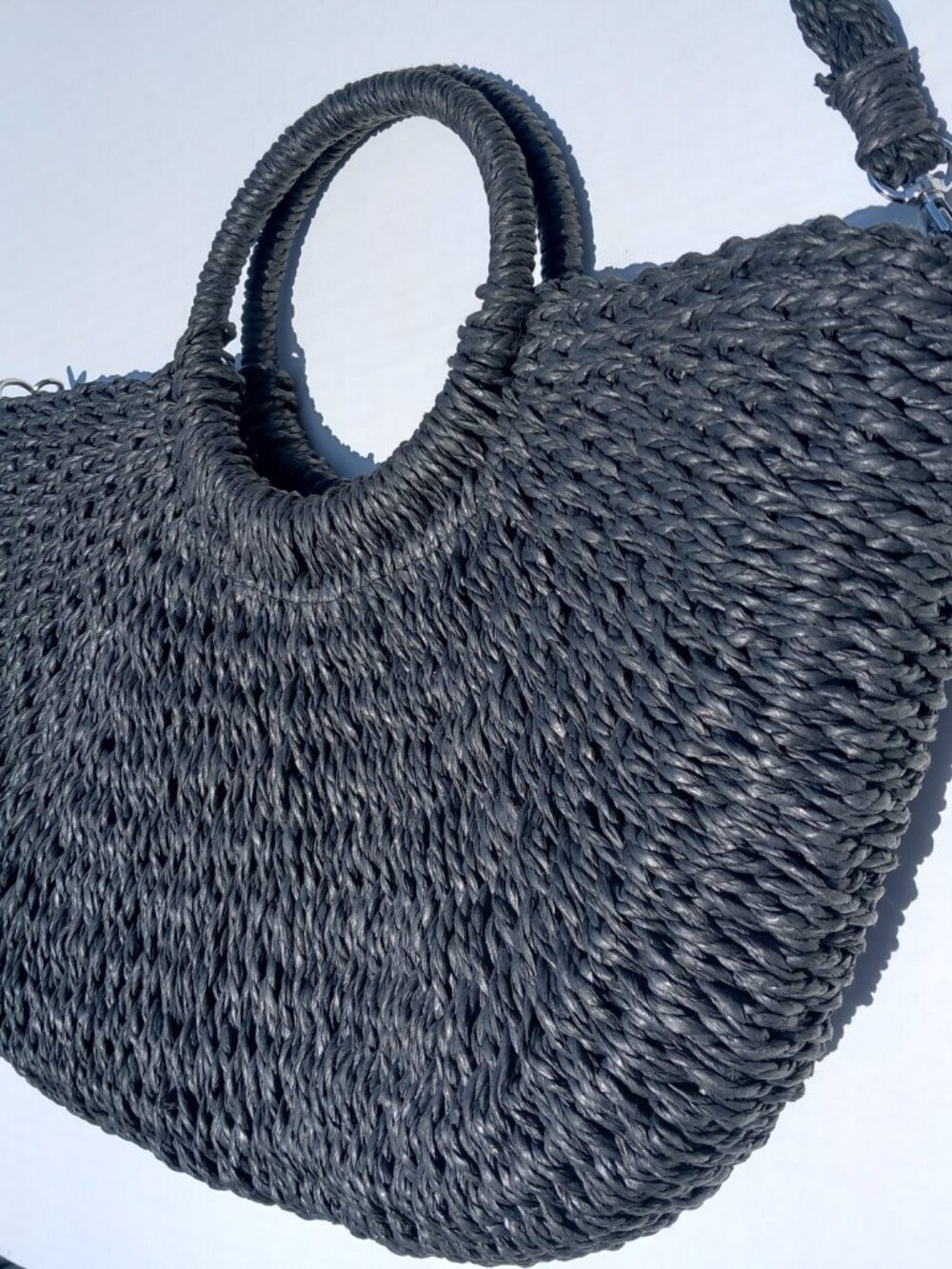 Mali & Lili Rattan Straw Charchoal Gray Semi Circle bag with removable strap